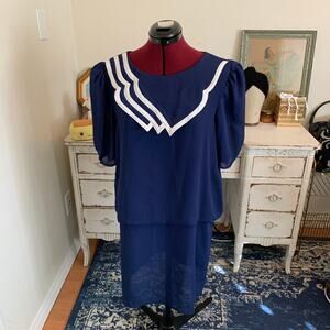 Vintage Blue Womens Dress With Huge Statement Pointed Bib Collar